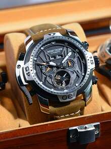 1pc Brown PU Polyurethane Strap Fashionable Calendars Water Resistance Round Dial Mechanical Watch, For Daily Life - Silver - View 2