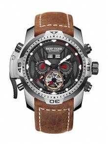 1pc Brown PU Polyurethane Strap Fashionable Calendars Water Resistance Round Dial Mechanical Watch, For Daily Life - Silver - View 3