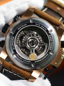 1pc Brown PU Polyurethane Strap Fashionable Calendars Water Resistance Round Dial Mechanical Watch, For Daily Life - Silver - View 4