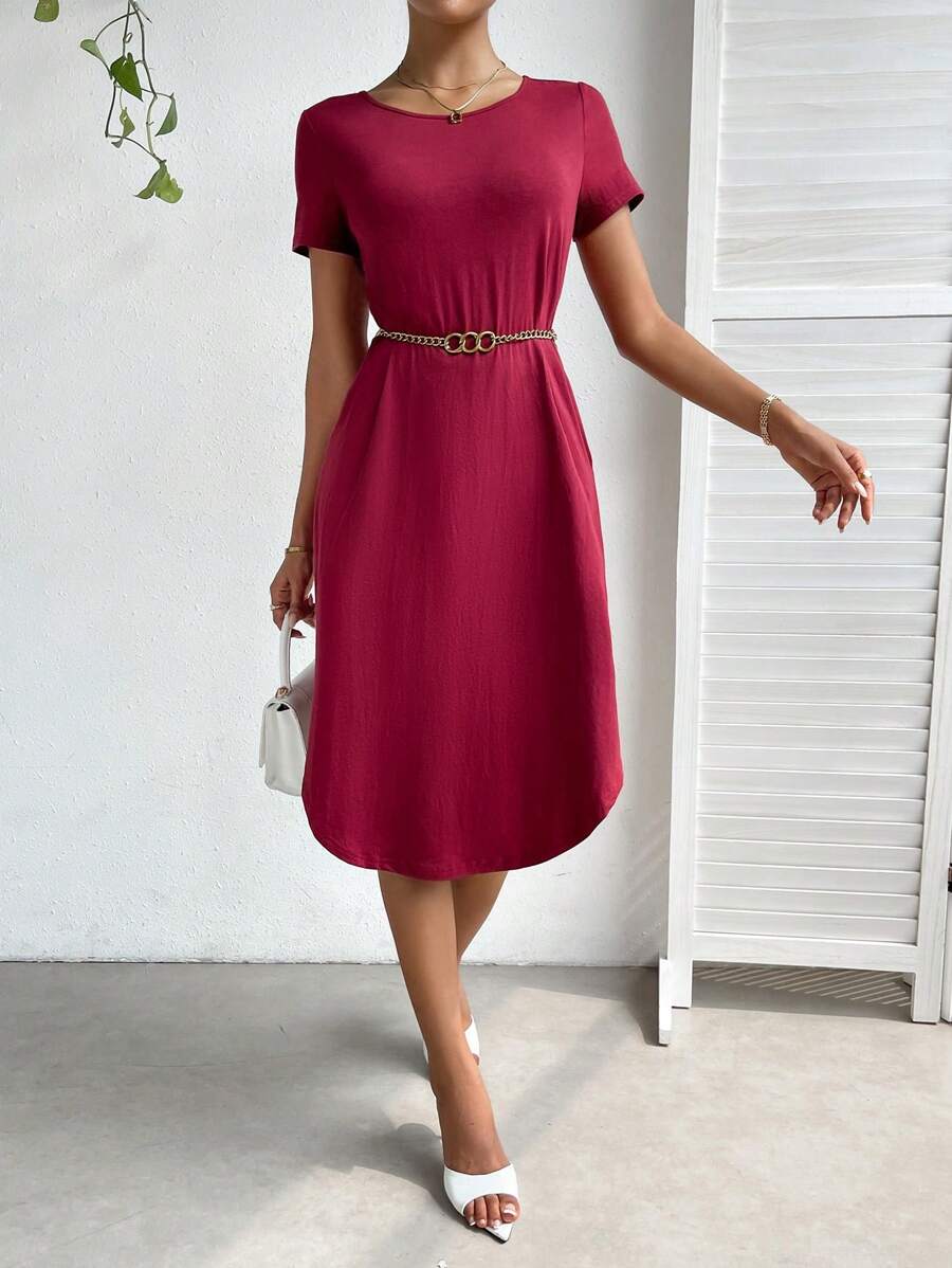 SHEIN Unity Solid Curved Hem Dress Without Belt - Burgundy - View 1