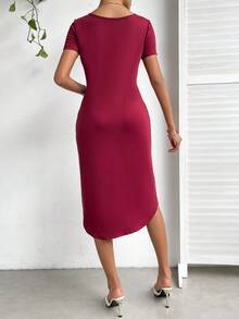SHEIN Unity Solid Curved Hem Dress Without Belt - Burgundy - View 2