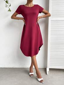 SHEIN Unity Solid Curved Hem Dress Without Belt - Burgundy - View 3
