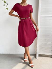 SHEIN Unity Solid Curved Hem Dress Without Belt - Burgundy - View 5