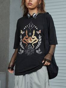 ROMWE Goth 蛇和蝴蝶圖案落肩T恤 - 黑色 - 查看 3