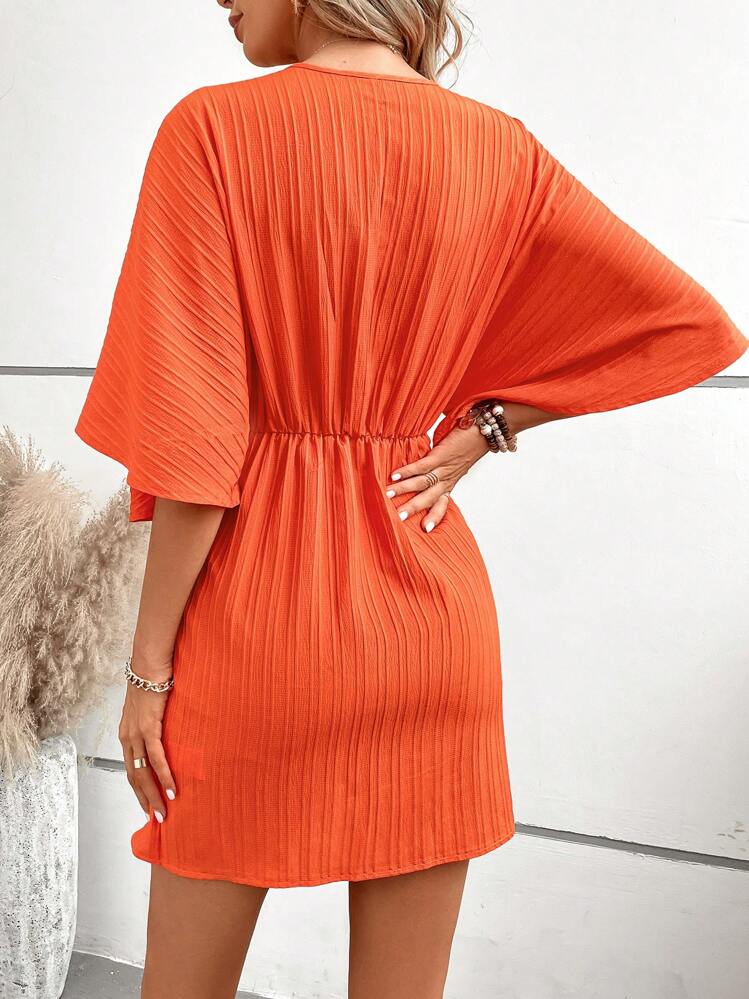 SHEIN LUNE Plunging Neck Batwing Sleeve Dress - Orange - View 2