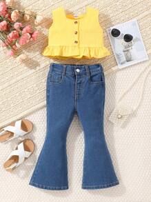 小女童花卉刺繡牛仔喇叭褲 - 深色水洗藍 - 查看 2