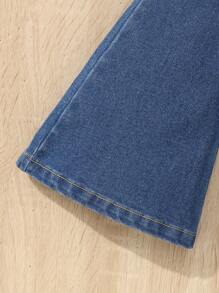 小女童花卉刺繡牛仔喇叭褲 - 深色水洗藍 - 查看 4