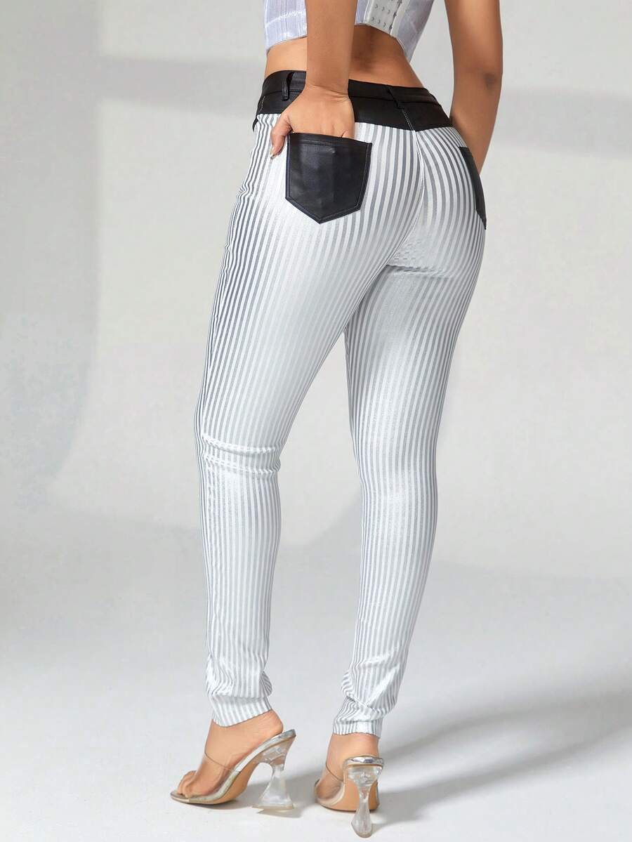 條紋印花PU皮革緊身褲 - 銀色 - 查看 1