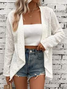 SHEIN LUNE Roll Tab Sleeve Open Front Coat - Beige - View 6