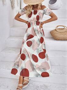 Breezaya Tropical Print Off Shoulder Frill Trim Dress - White - View 1