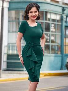 MUXXN Đầm Xù Bất đối xứng màu trơn Thanh lịch - Màu xanh lá cây đậm - Xem 6