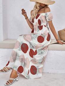 Breezaya Tropical Print Off Shoulder Frill Trim Dress - White - View 6