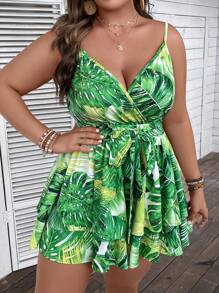 SHEIN Clasi Plus Size Boho Tropical Print Belted Cami Romper, For Summer - Multicolor - View 3