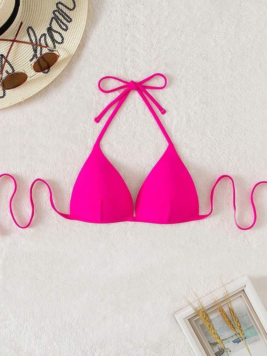 SHEIN Swim 素色三角杯比基尼上衣 - 玫紅色 - 查看 1
