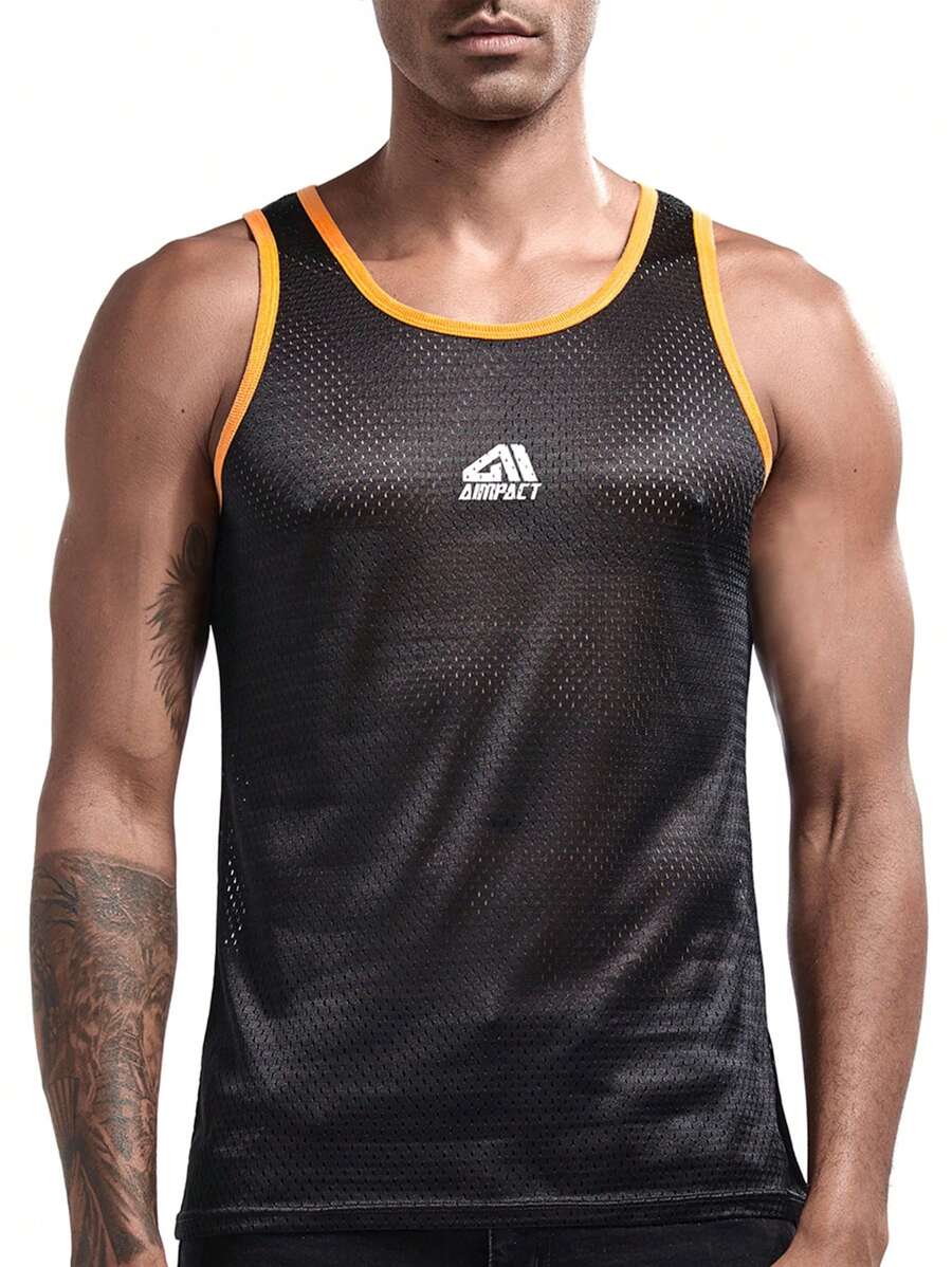 Men Letter Graphic Contrast Binding Sports Tank Top Gym Clothes Men - Black - View 1