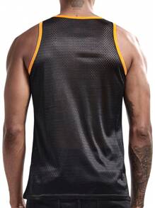 Men Letter Graphic Contrast Binding Sports Tank Top Gym Clothes Men - Black - View 2