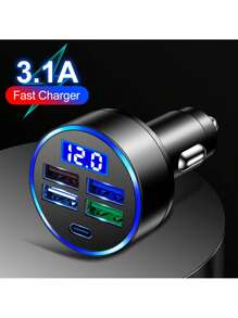 4 Port 15.5W USB Type-C Car Charger LED Digital Display Auto Charging Plug Adapter - Black - View 1