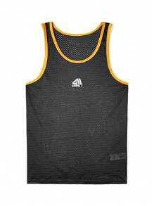 Men Letter Graphic Contrast Binding Sports Tank Top Gym Clothes Men - Black - View 3
