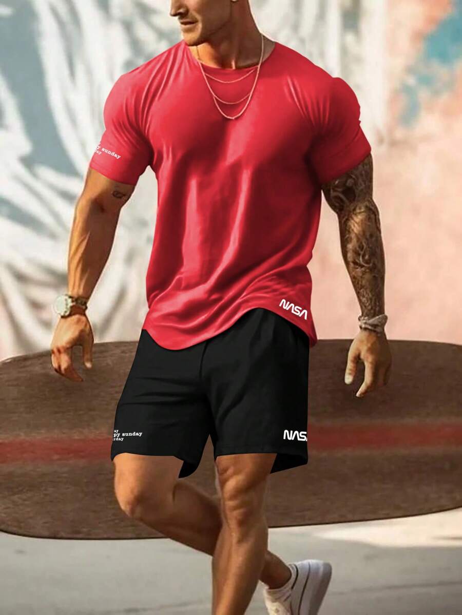 Manfinity Homme Bộ hai mảnh Nam Dây kéo Lá thư Giải trí - Đỏ - Xem 1