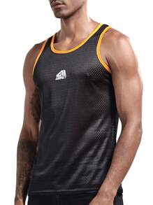 Men Letter Graphic Contrast Binding Sports Tank Top Gym Clothes Men - Black - View 4