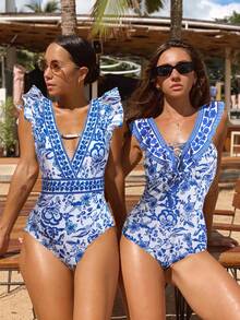 Floral Print Butterfly Sleeve Cut Out One Piece Swimsuit Summer - Blue and White - View 4