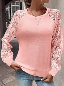 SHEIN LUNE Contrast Lace Raglan Sleeve Sweatshirt - Pink - View 3