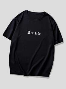 ROMWE MEN Guys Cotton Sculpture & Slogan Graphic Tee - Black - View 2