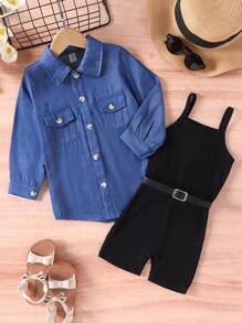 SHEIN 年輕女孩翻蓋細節襯衫＆腰帶cami連體褲