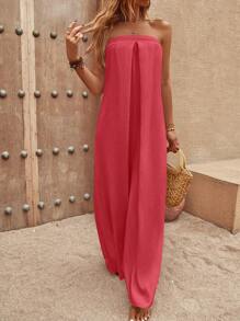 SHEIN LUNE Mono tubo unicolor de pierna ancha - Rojo - Ver 5