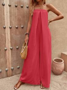 SHEIN LUNE Mono tubo unicolor de pierna ancha - Rojo - Ver 7