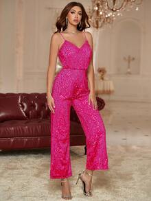 Double Crazy Women's Jumpsuit, Suitable For Wedding Guest, Summer Music Concert, Sleeveless Glitter Romper - Hot Pink - View 4
