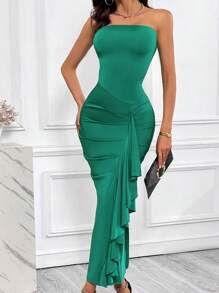 SHEIN Privé Vestido ajustado tubo fruncido ribete con fruncido - Verde - Ver 1