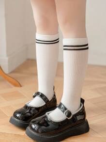 1雙兒童條紋圖案休閒高筒襪適用於日常生活 - 彩色 - 查看 1