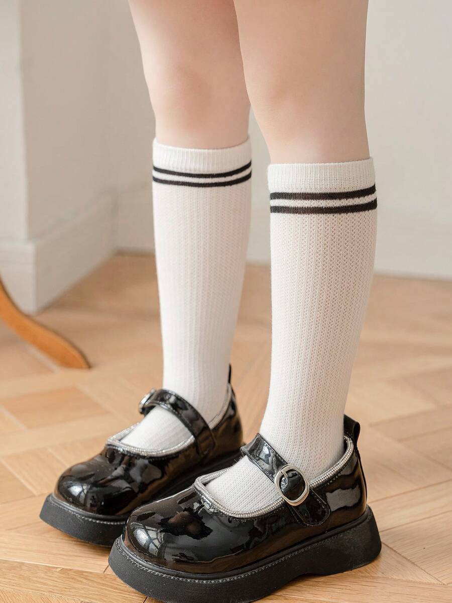 1雙兒童條紋圖案休閒高筒襪適用於日常生活 - 彩色 - 查看 1
