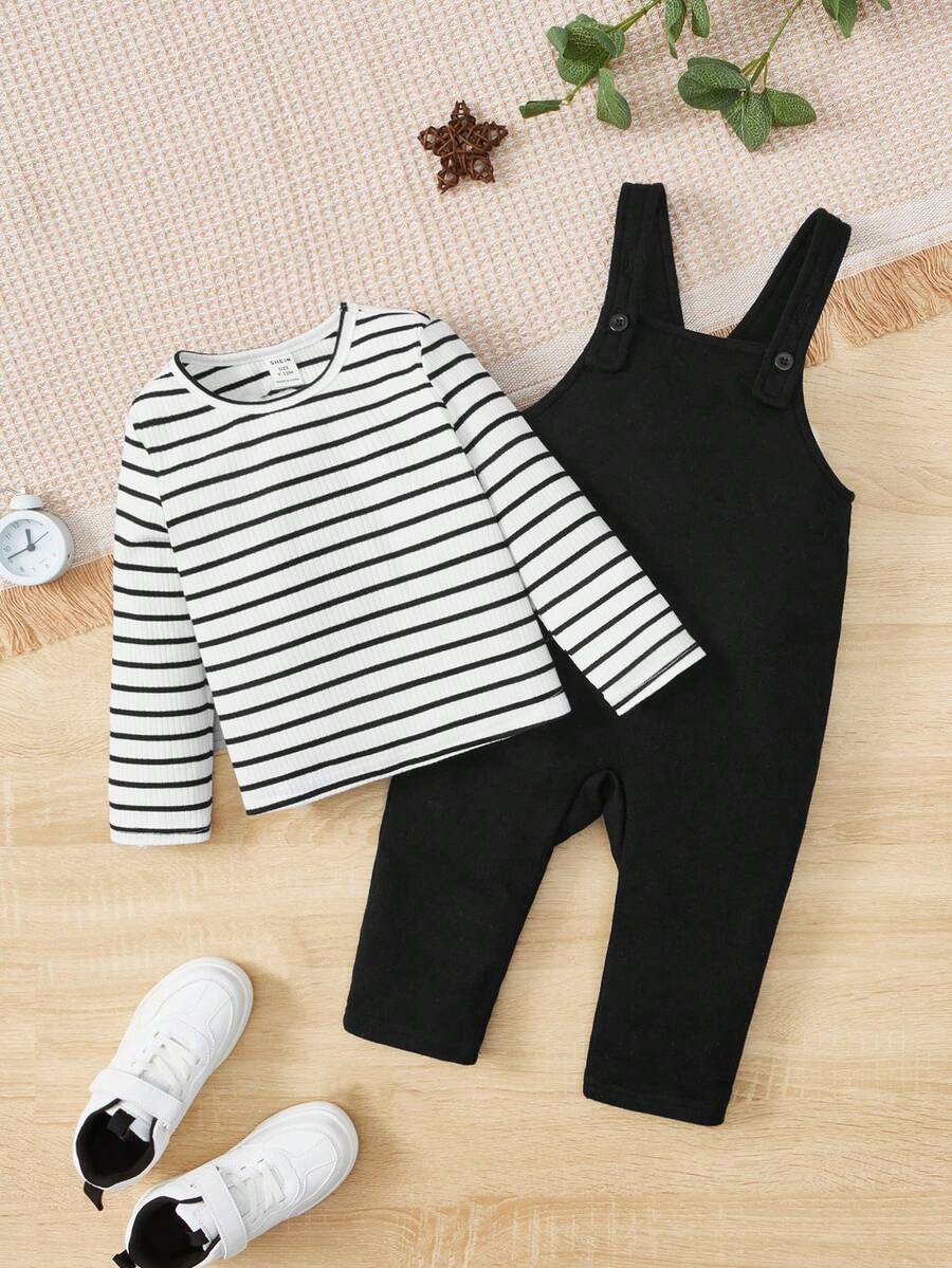 SHEIN Baby Boy Striped Tee & Pinafore Jumpsuit - Black and White - View 1