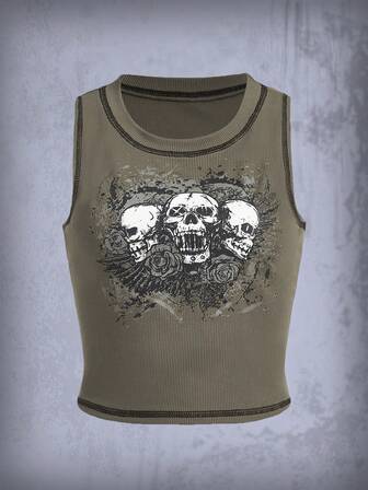 Goth Skull Print Top-stitching Tank Top