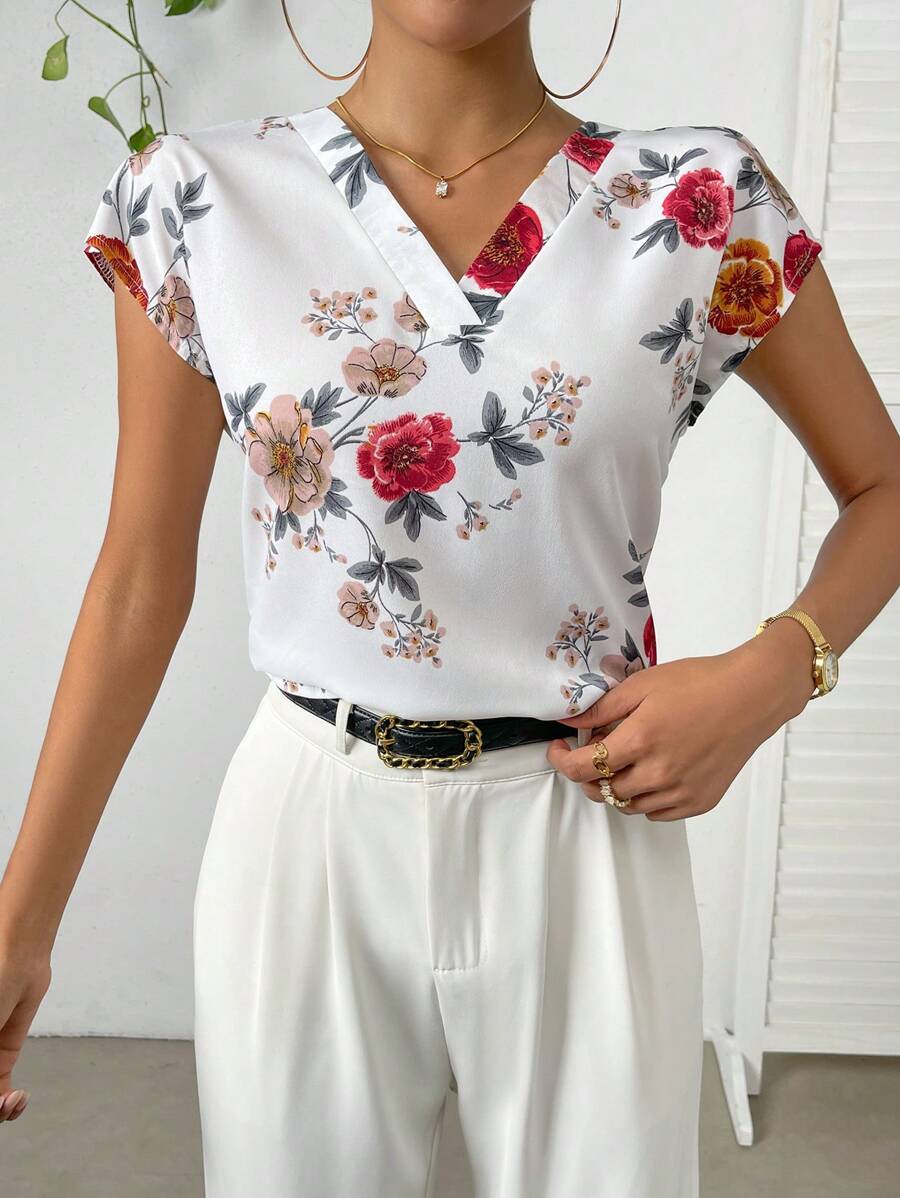SHEIN Unity Floral Print Batwing Sleeve Blouse - White - View 1
