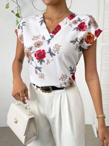 SHEIN Unity Floral Print Batwing Sleeve Blouse - White - View 3