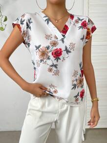 SHEIN Unity Floral Print Batwing Sleeve Blouse - White - View 4