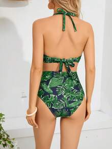 SHEIN Maternity Tropical Print Halter Bikini Set Summer Beach - Multicolor - View 2