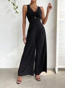 SHEIN Privé 前收褶闊腿連體褲 - 黑色 - 查看 2