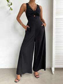 SHEIN Privé 前收褶闊腿連體褲 - 黑色 - 查看 6