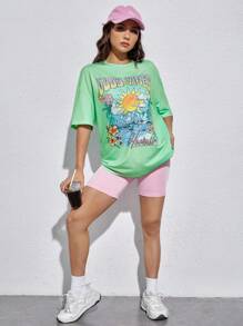 SHEIN EZwear Camiseta de hombros caídos sol & con estampado de letra - verde menta - Ver 5