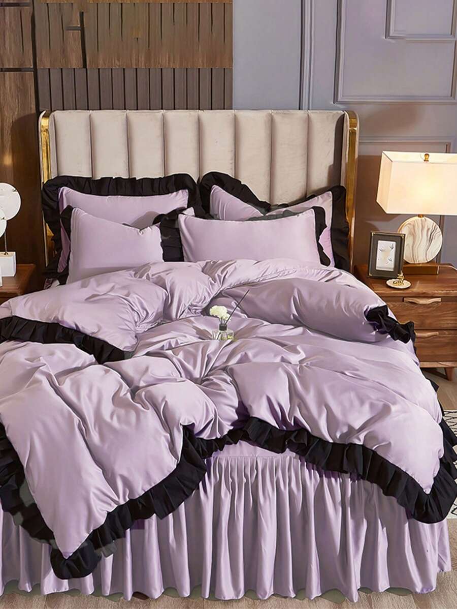 3件套荷葉邊裝飾被套（1入組被套和2入組枕套），四季皆宜簡約布藝床上用品 - 紫色 - 查看 1