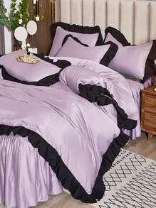 3件套荷葉邊裝飾被套（1入組被套和2入組枕套），四季皆宜簡約布藝床上用品 - 紫色 - 查看 2