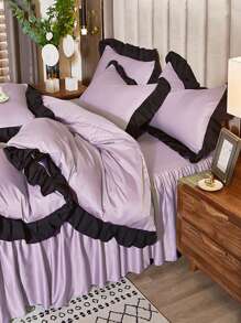 3件套荷葉邊裝飾被套（1入組被套和2入組枕套），四季皆宜簡約布藝床上用品 - 紫色 - 查看 5