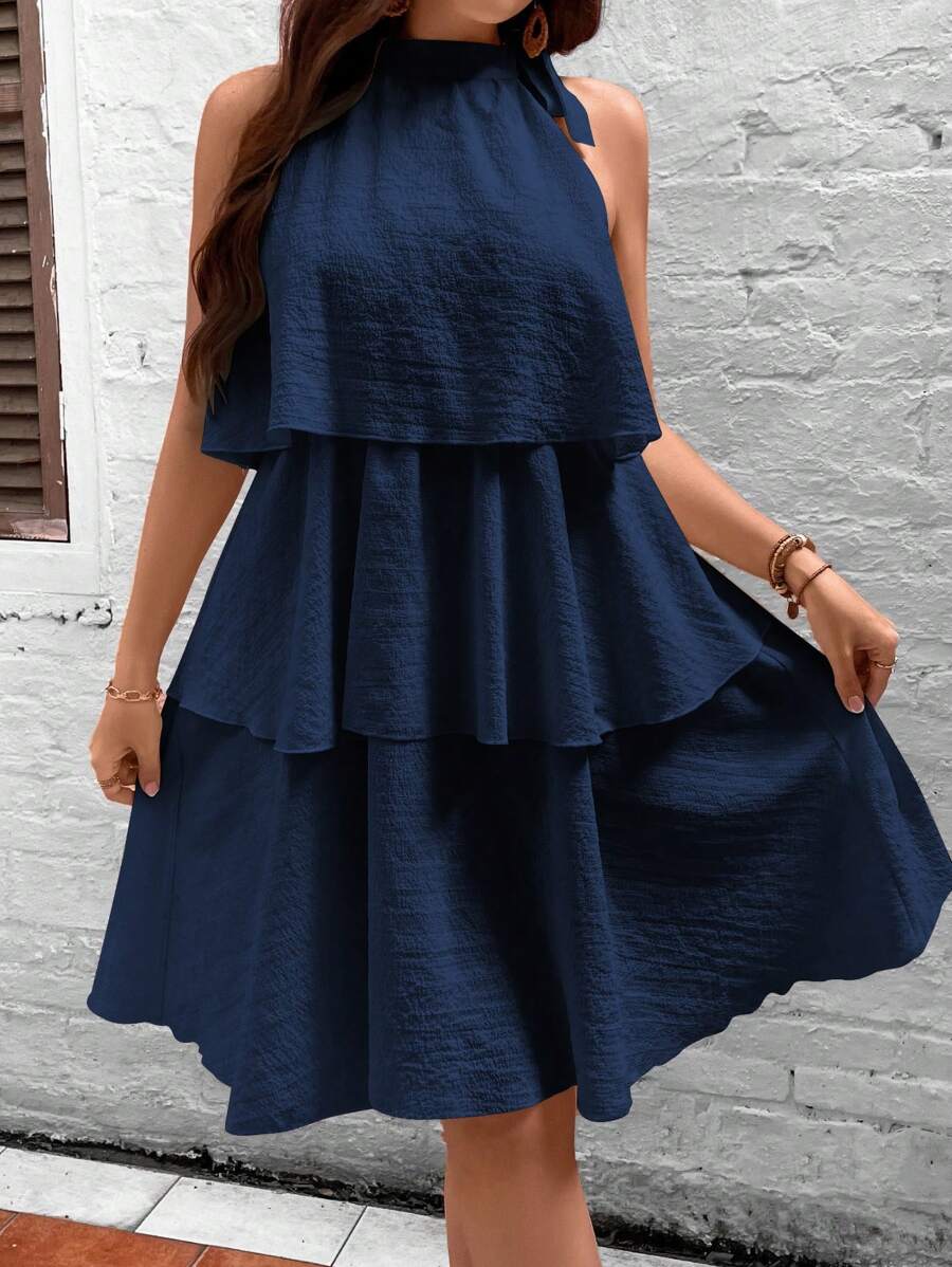 SHEIN Holidaya 大碼二層下擺打結細節掛脖連衣裙 - 藏蓝色 - 查看 1