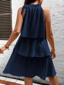 SHEIN Holidaya 大碼二層下擺打結細節掛脖連衣裙 - 藏蓝色 - 查看 2