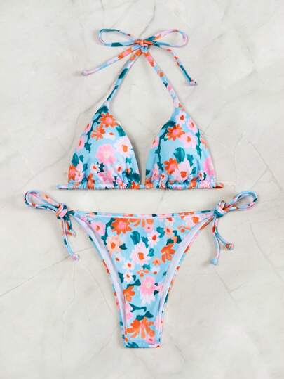 印花吊脖三角形側繫帶比基尼泳裝