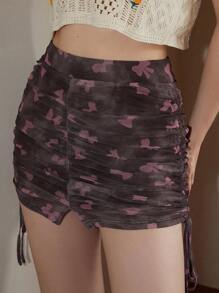 SHEIN 領結印花側抽繩褶邊網紗半身裙 - 彩色 - 查看 2